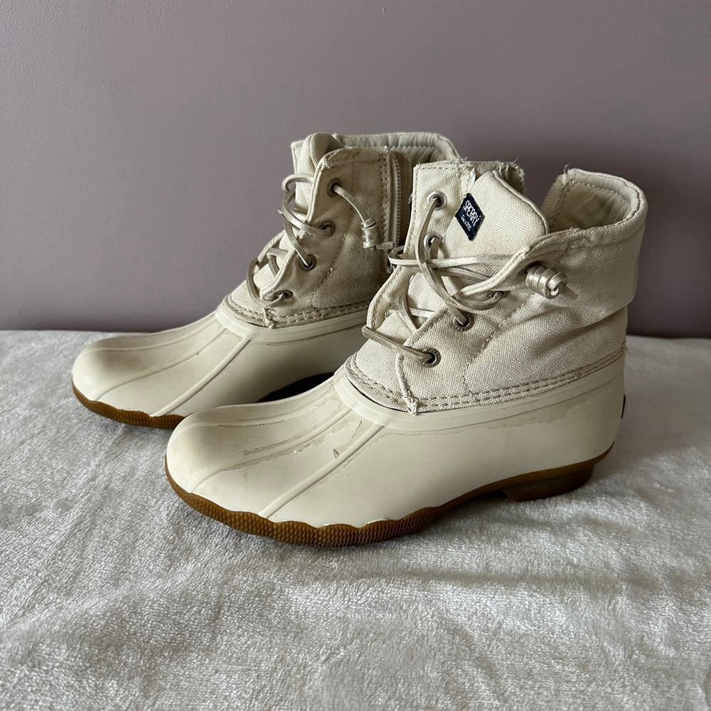Sperry Saltwater Duck Boots Girls 2M Beige Waterproof Rain Winter Lace Zip